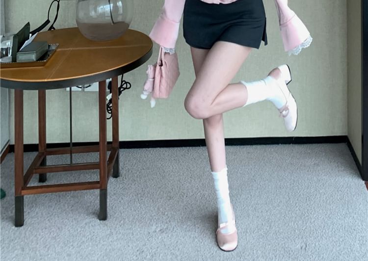 Button-Up Mini High / Collared Trim Skirt Plain Pencil Long-Sleeve Blouse Rise Lace