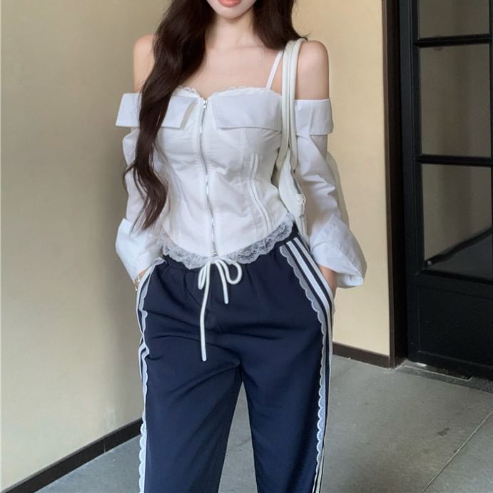 Waist Cold Fit Shoulder Blouse Lace Striped / Drawstring Loose Pants Trim Zip-Up Crop Long-Sleeve