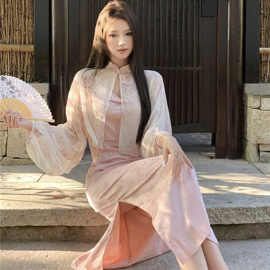 Dress Print V-Neck Slit Sheath Mandarin Spaghetti Strap Frog Jacket Floral Collar Closure Maxi / Jacquard Light