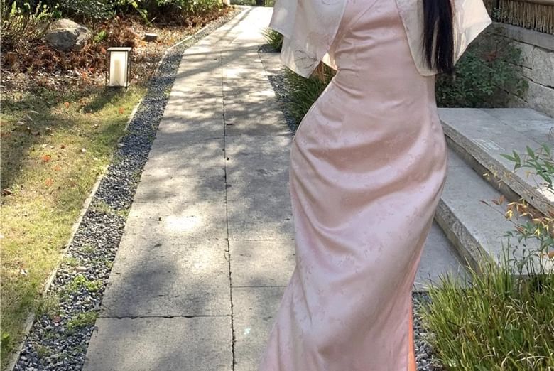 Dress Print V-Neck Slit Sheath Mandarin Spaghetti Strap Frog Jacket Floral Collar Closure Maxi / Jacquard Light