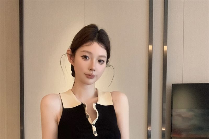 Tone Sleeveless Polo Ribbed Dress Mini Sheath Knit Two