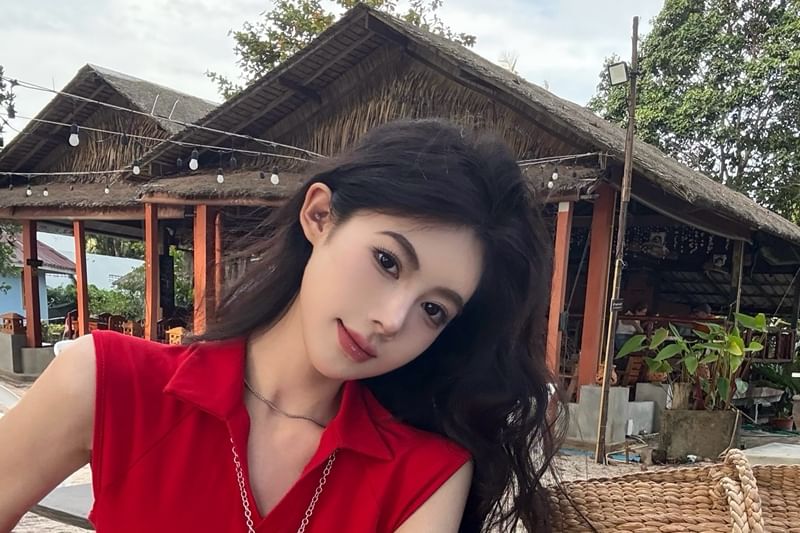 Collared Top Zipped Crop Sleeveless Plain Slim Slit Fit