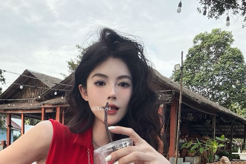 Collared Top Zipped Crop Sleeveless Plain Slim Slit Fit