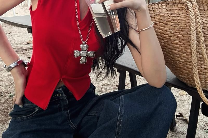 Collared Top Zipped Crop Sleeveless Plain Slim Slit Fit