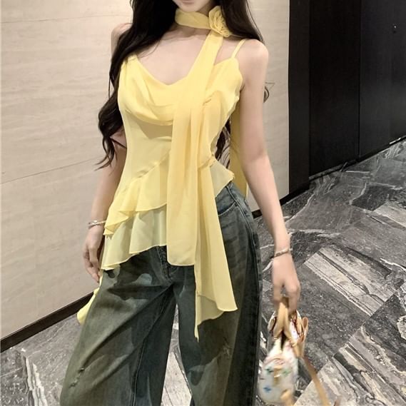 + Plain Ruffle Hem Top Camisole Crop Asymmetrical Scarf Set: V-Neck