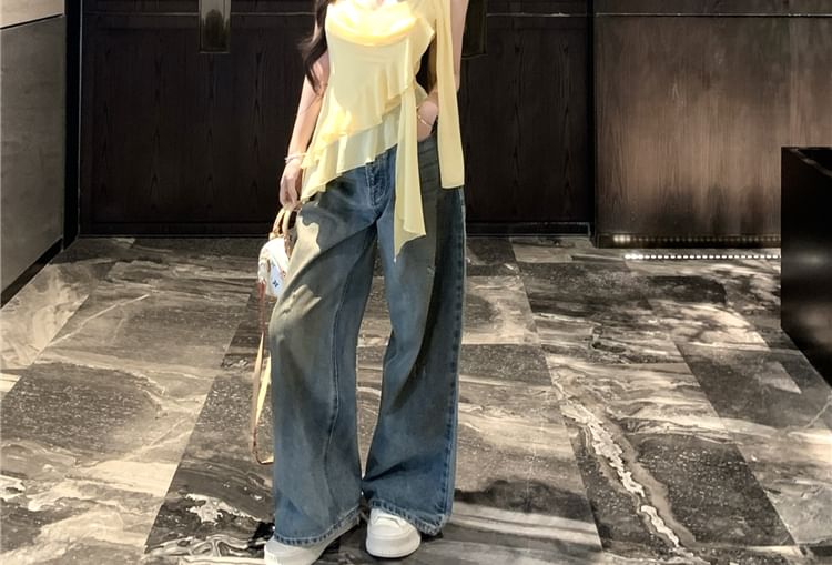 + Plain Ruffle Hem Top Camisole Crop Asymmetrical Scarf Set: V-Neck