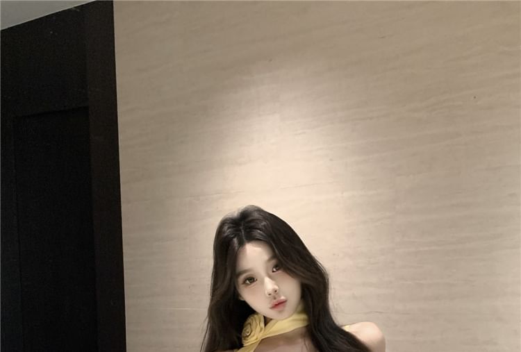 + Plain Ruffle Hem Top Camisole Crop Asymmetrical Scarf Set: V-Neck