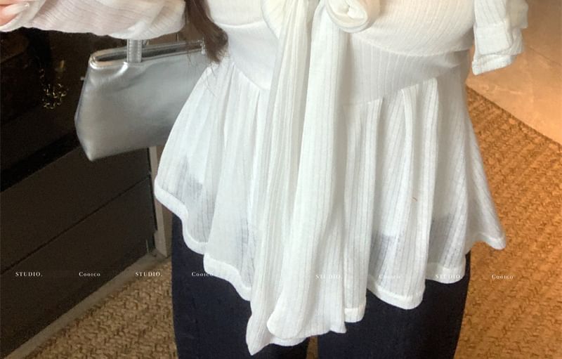 Bow Cardigan Plain Sweetheart Accent Crop Neck Top Button-Up / Tube Neckline Flowy Round