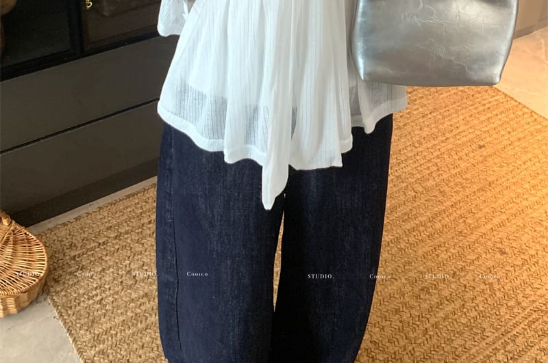 Bow Cardigan Plain Sweetheart Accent Crop Neck Top Button-Up / Tube Neckline Flowy Round