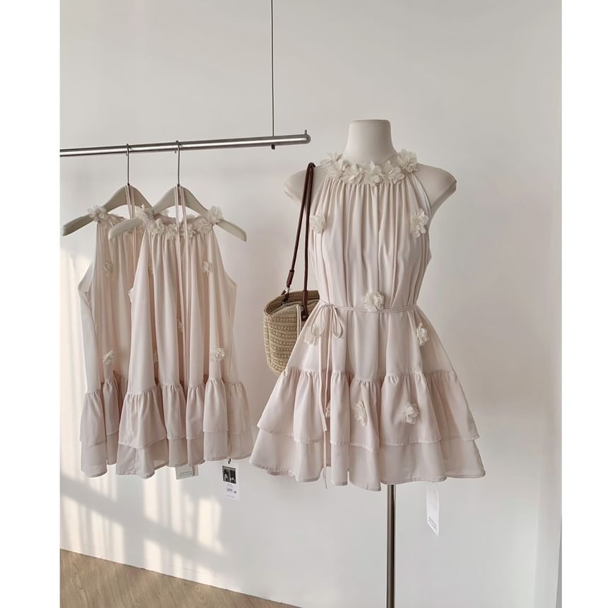 Detail Flower Ruffle Mini Halter Sundress Plain