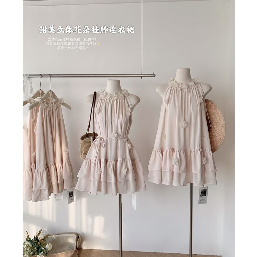 Detail Flower Ruffle Mini Halter Sundress Plain
