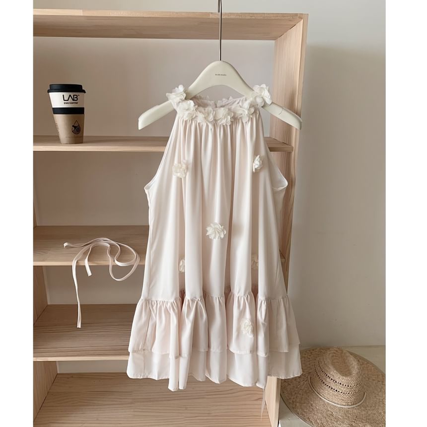 Detail Flower Ruffle Mini Halter Sundress Plain