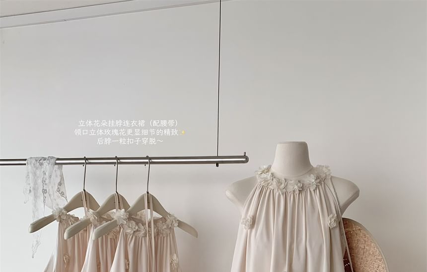 Detail Flower Ruffle Mini Halter Sundress Plain