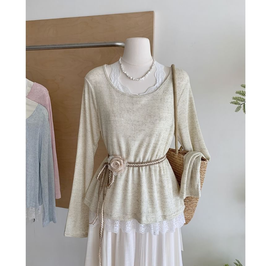 Neck Trim Long-Sleeve Plain Tee Round Lace