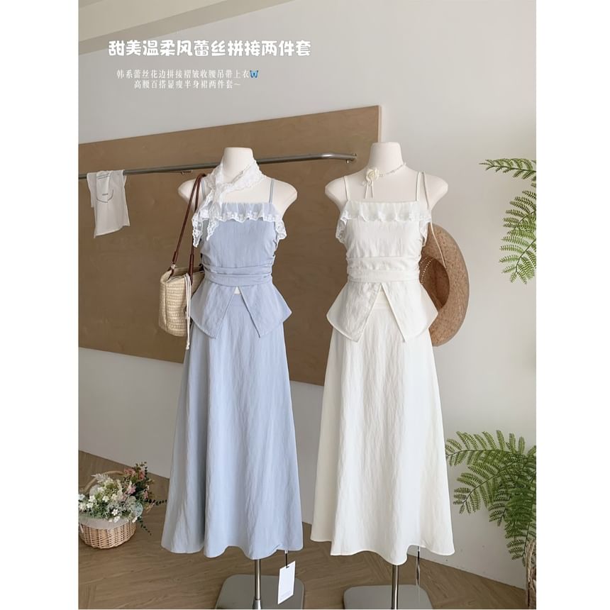 Set: Camisole Rise + Front-Slit Plain Lace Skirt Top High Midi A-Line Trim