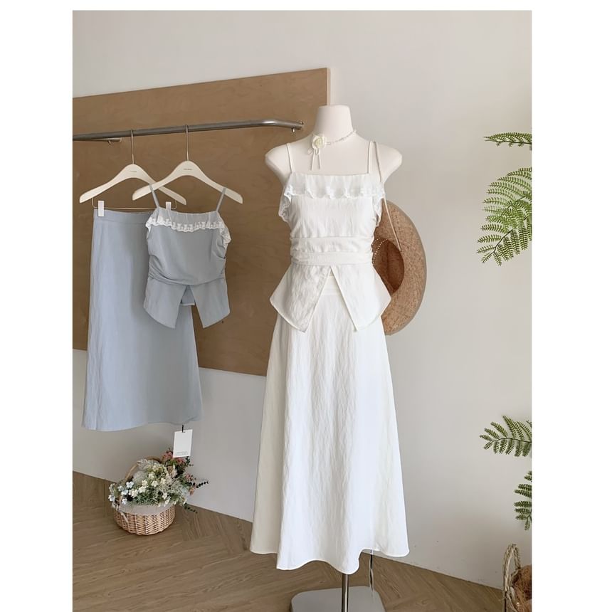 Set: Camisole Rise + Front-Slit Plain Lace Skirt Top High Midi A-Line Trim