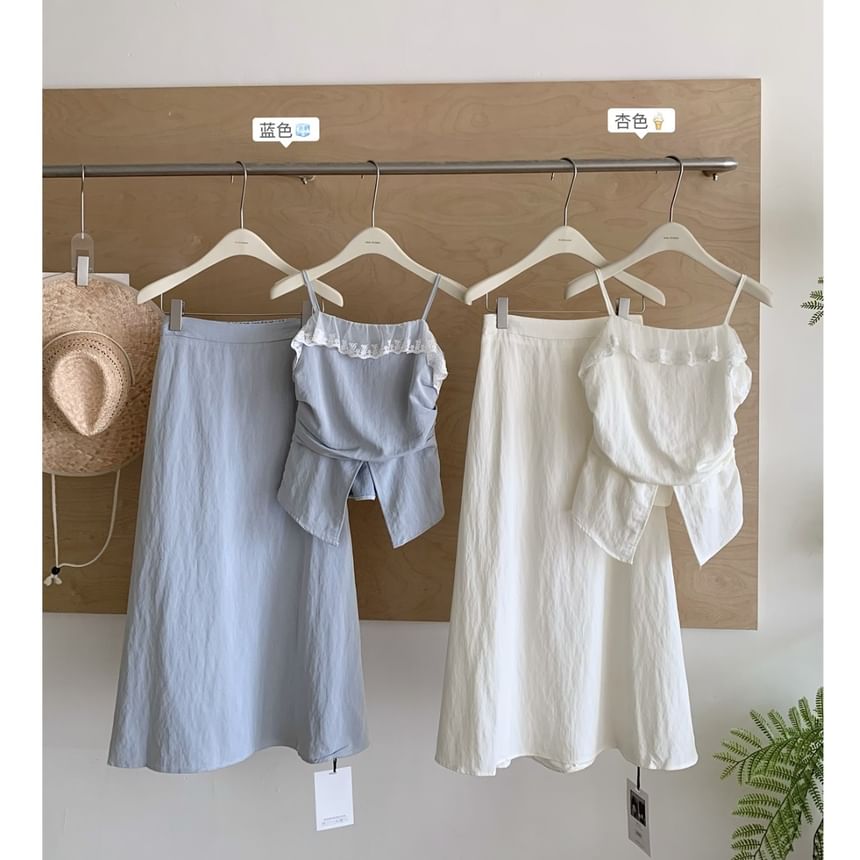 Set: Camisole Rise + Front-Slit Plain Lace Skirt Top High Midi A-Line Trim