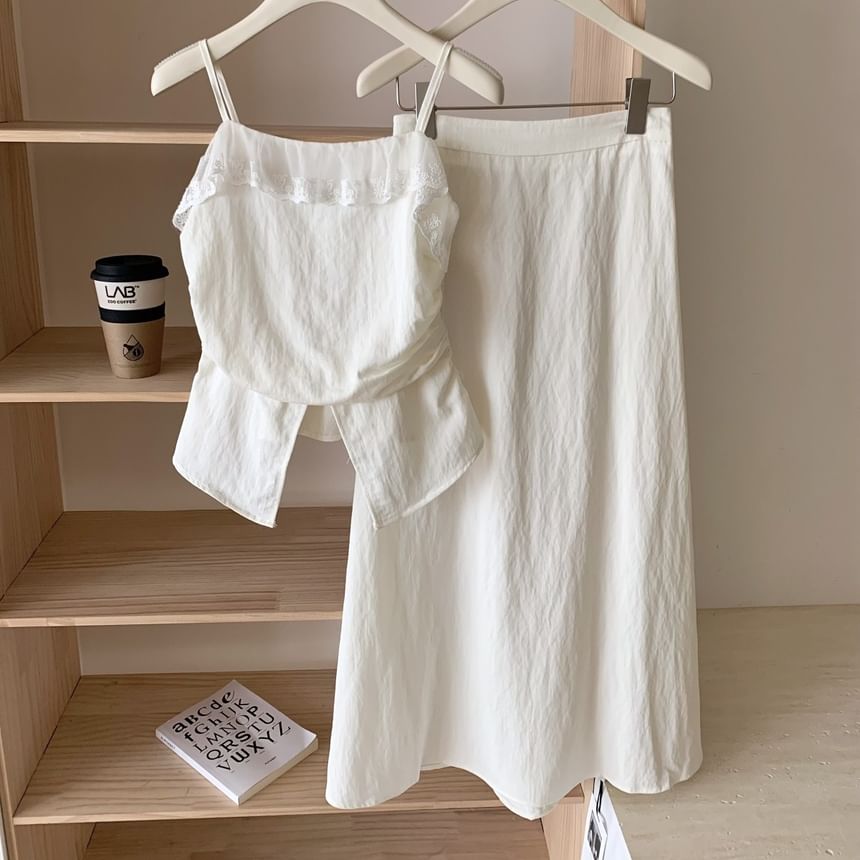 Set: Camisole Rise + Front-Slit Plain Lace Skirt Top High Midi A-Line Trim