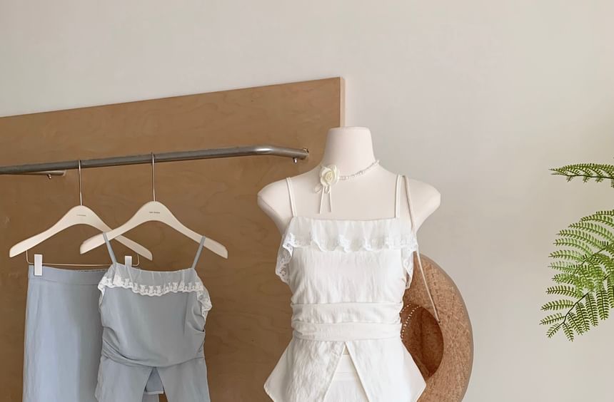 Set: Camisole Rise + Front-Slit Plain Lace Skirt Top High Midi A-Line Trim