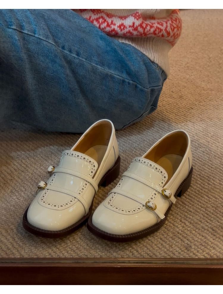 Chunky Leather Buckled Loafers Heel Faux