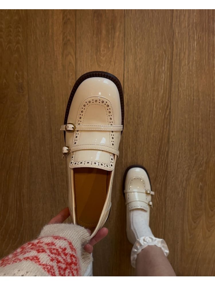 Chunky Leather Buckled Loafers Heel Faux