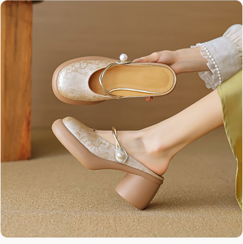 Mary Jane Chunky Heel Mules Floral Platform