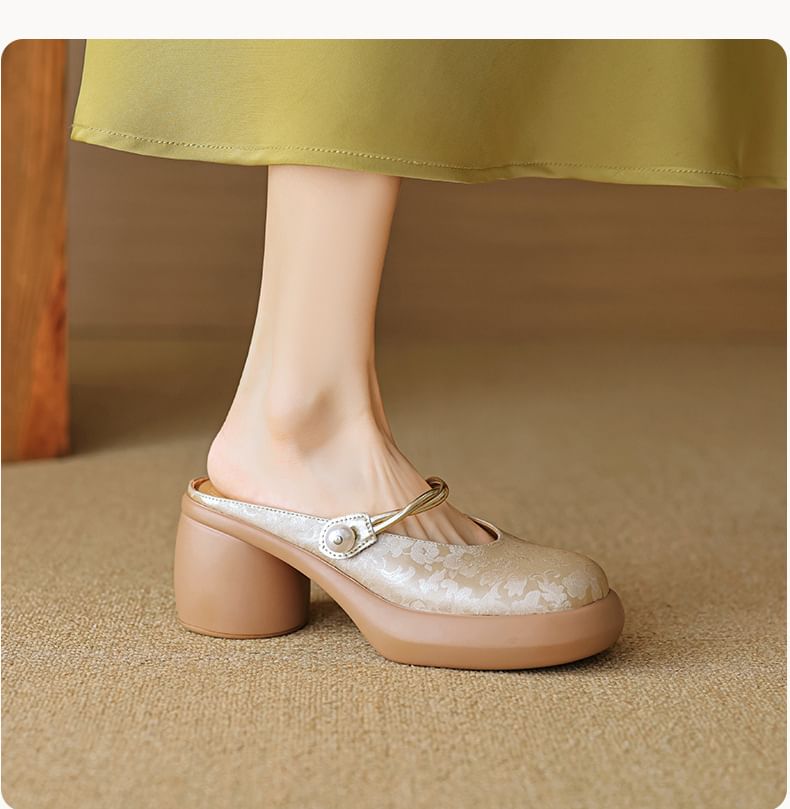 Mary Jane Chunky Heel Mules Floral Platform