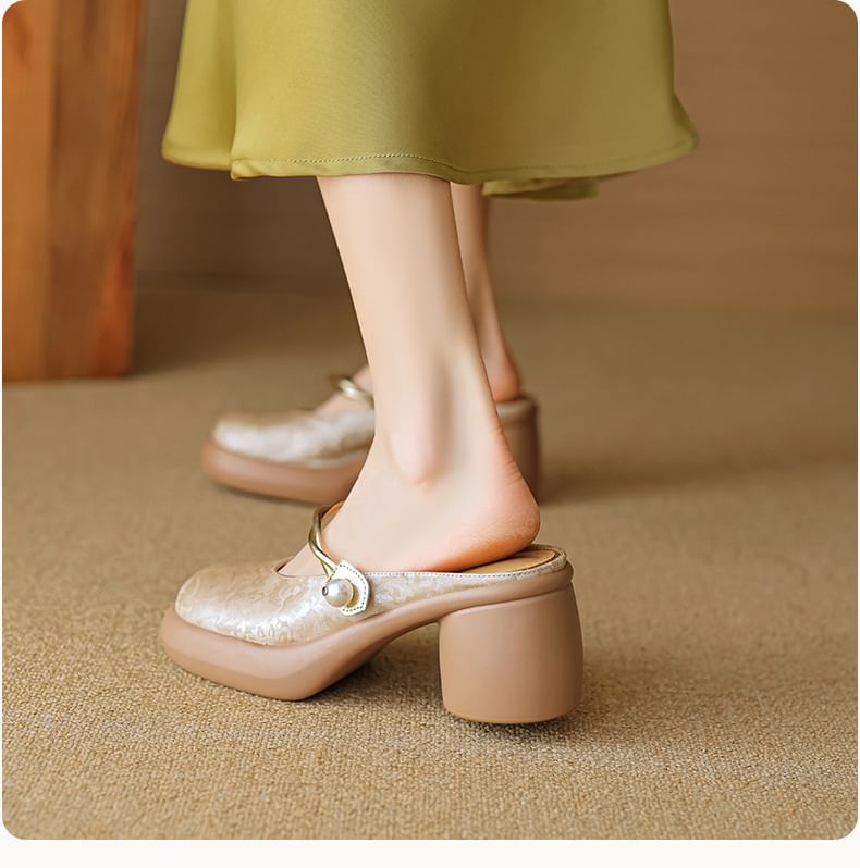 Mary Jane Chunky Heel Mules Floral Platform