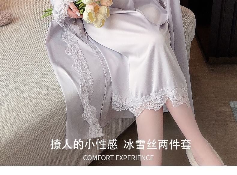 V-Neck Lace Panel Nightdress with Thin Straps