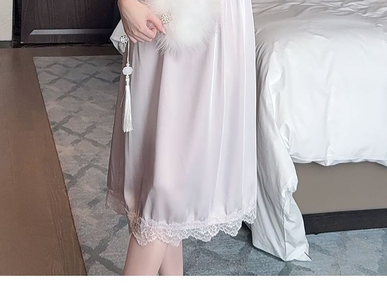 V-Neck Lace Panel Nightdress with Thin Straps