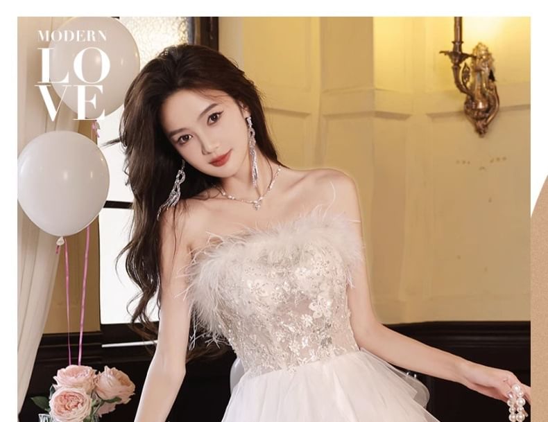 Fluffy Gown Asymmetrical Mesh A-Line Strapless Evening