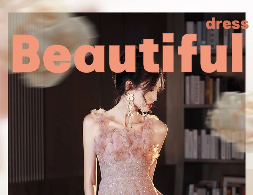 Wide Glitter A-Line Gown Floral Strap Evening