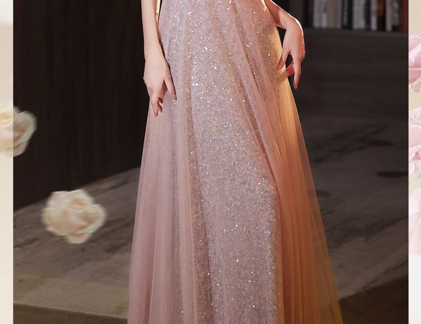 Wide Glitter A-Line Gown Floral Strap Evening