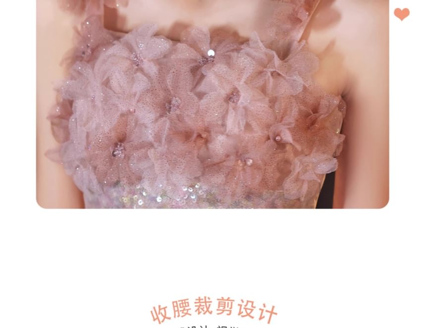 Wide Glitter A-Line Gown Floral Strap Evening