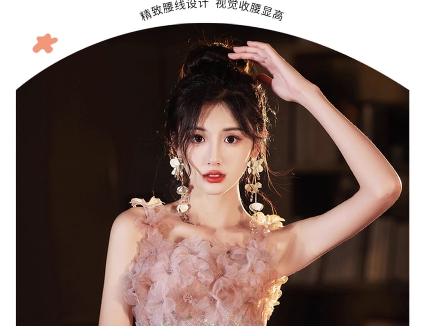 Wide Glitter A-Line Gown Floral Strap Evening