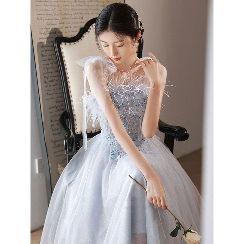 Sequined Fluffy Tie-Shoulder A-Line Gown Evening Trim