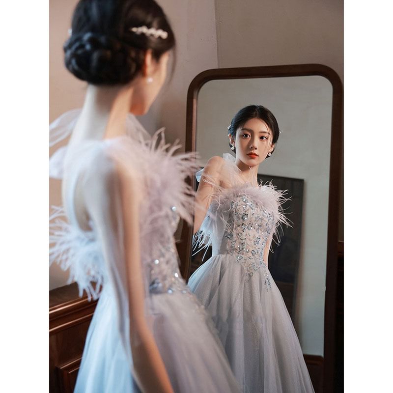 Sequined Fluffy Tie-Shoulder A-Line Gown Evening Trim