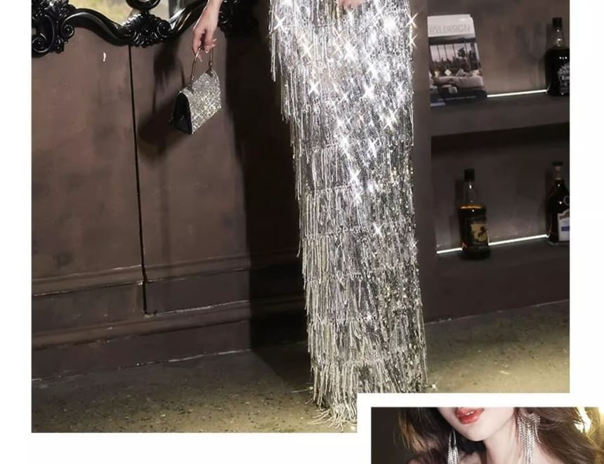 Panel Gown Evening Velvet Off-Shoulder Sequined Tasseled A-Line