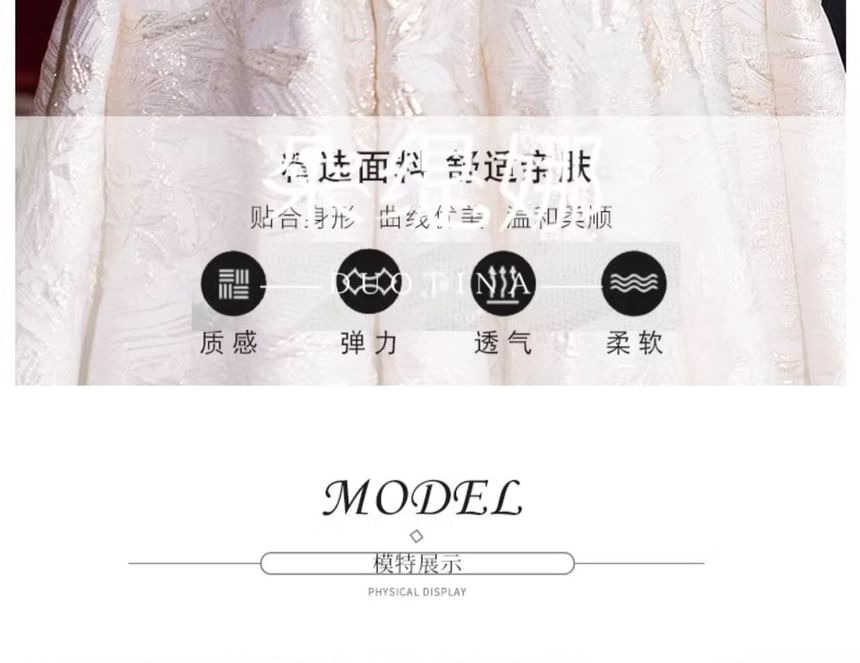 Puff-Sleeve Pearl Faux Jacquard Wedding Dress Chinese A-Line Floral