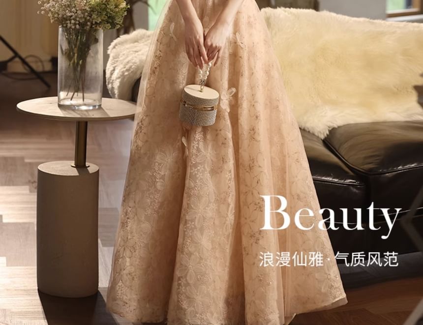 Evening Wide Strap A-Line Gown Floral