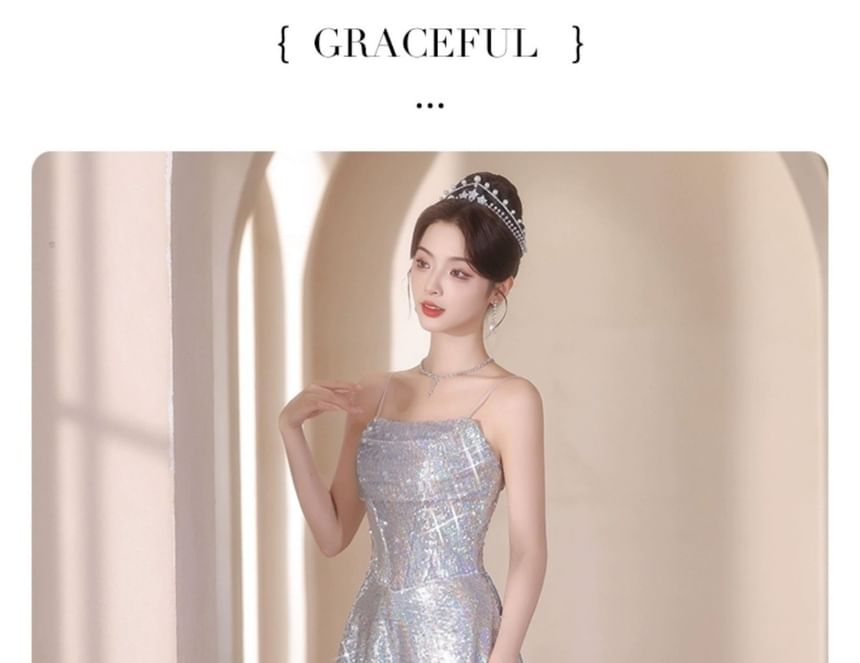 Sequined Strap Evening Spaghetti Gown A-Line