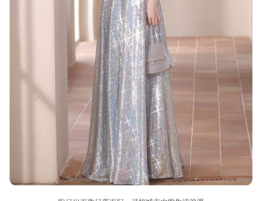 Sequined Strap Evening Spaghetti Gown A-Line