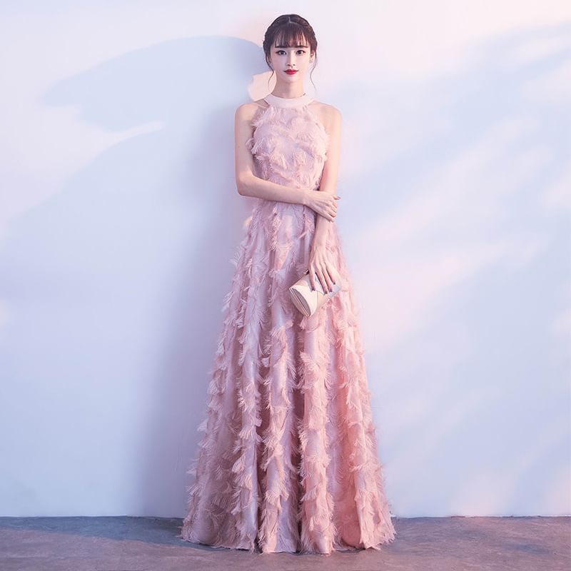 Gown Halter-Neck A-Line Feather Evening