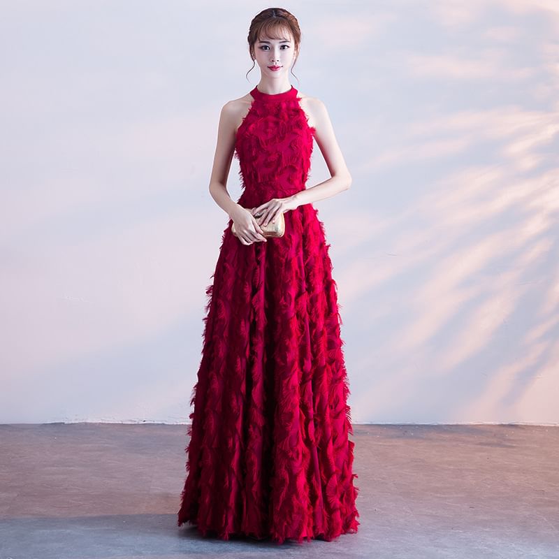 Gown Halter-Neck A-Line Feather Evening