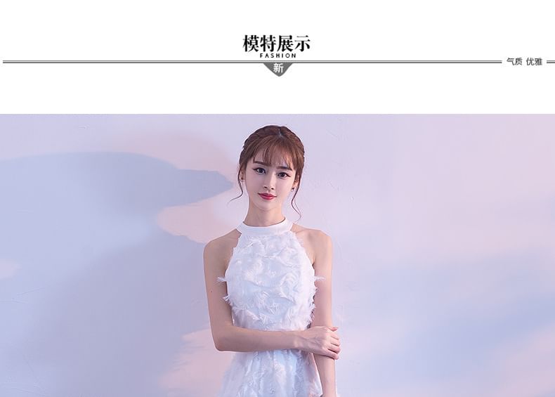 Gown Halter-Neck A-Line Feather Evening