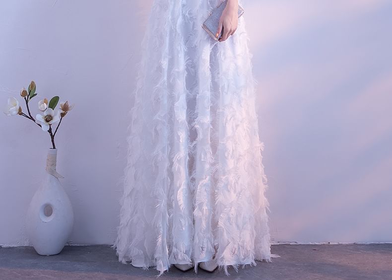 Gown Halter-Neck A-Line Feather Evening