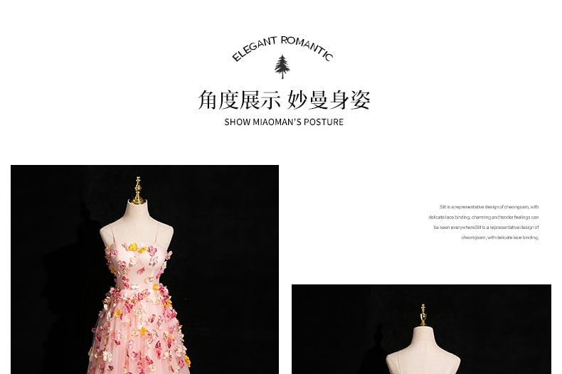 Spaghetti Floral Applique Strap A-Line Gown Evening Mesh