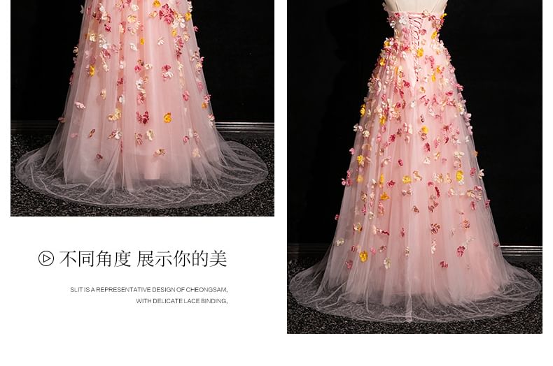 Spaghetti Floral Applique Strap A-Line Gown Evening Mesh