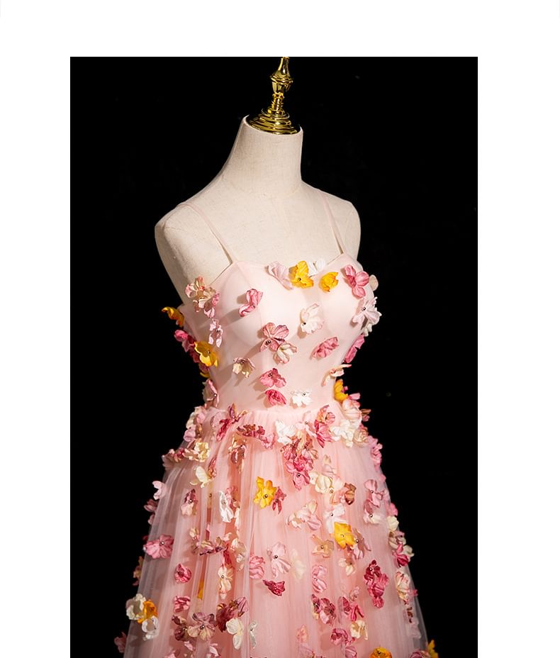 Spaghetti Floral Applique Strap A-Line Gown Evening Mesh