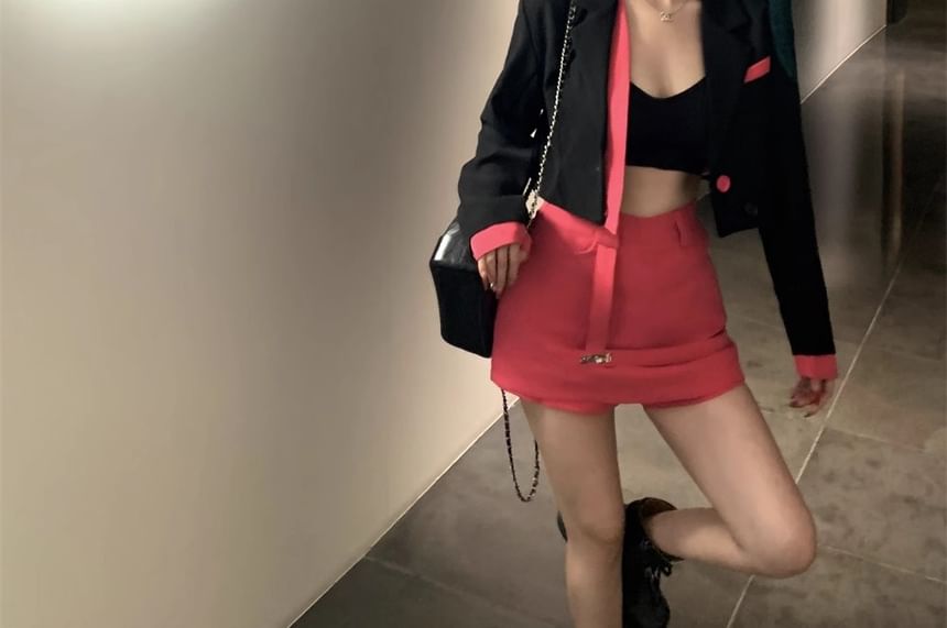 High Waist Plain Mini Pencil Skirt / Mock Two-Piece Notch Lapel Two Tone Blazer (Various Designs)